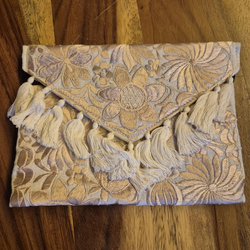 Floral Embroidered Clutch with Tassels